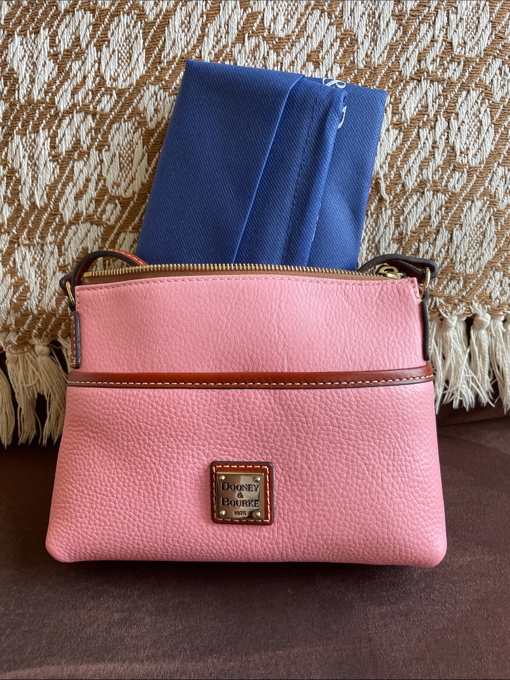 Dooney & Bourke Pink Pebbled Leather Crossbody with Brown Trim